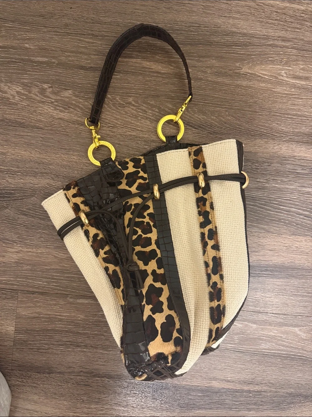 Woven Cream & Leopard Drawstring Shoulder Bag